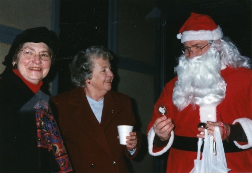 Loretta Winkler & Lorraine Hom with Santa. December, 1996. chs-008251